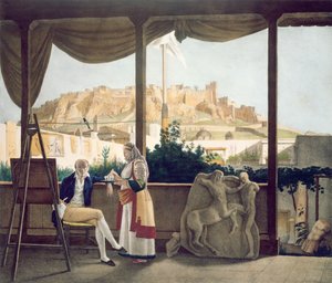 Francouzský konzul, Monsieur Fauvel, na terase svého domu v Aténách, vyrytý bratry Thierry, 1825